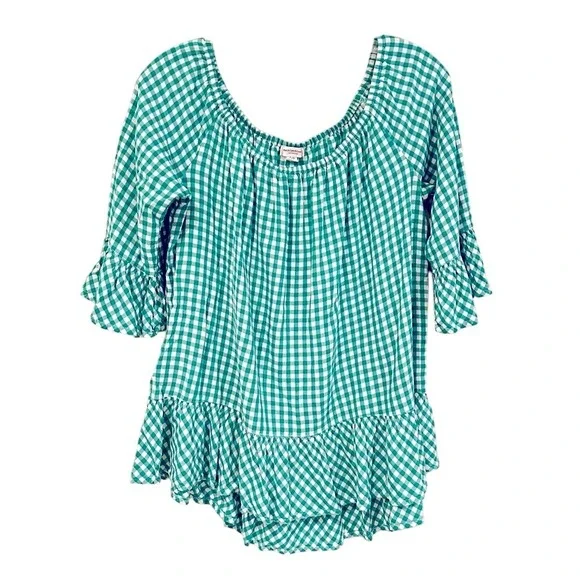 Beach Lunch Lounge Sheetal Gingham Blouse Women's Large Happy Green Classic - Picture 1 of 7